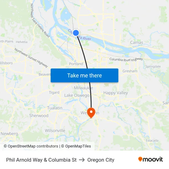 Phil Arnold Way & Columbia St to Oregon City map