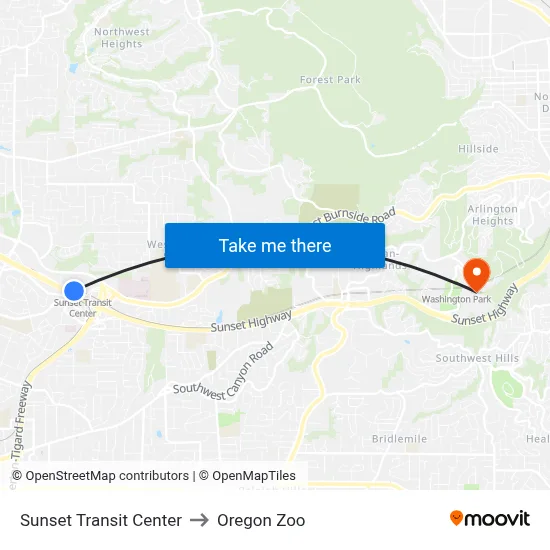 Sunset Transit Center to Oregon Zoo map