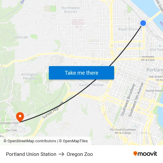 Portland Union Station to Oregon Zoo map