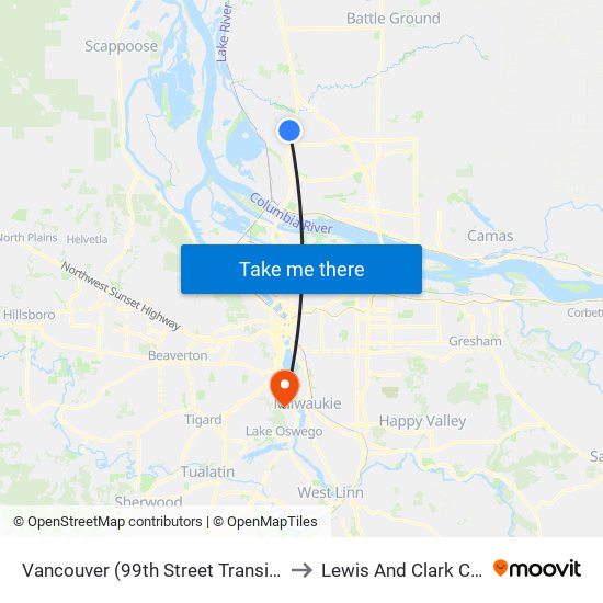 Vancouver (99th Street Transit Center) to Lewis And Clark College map