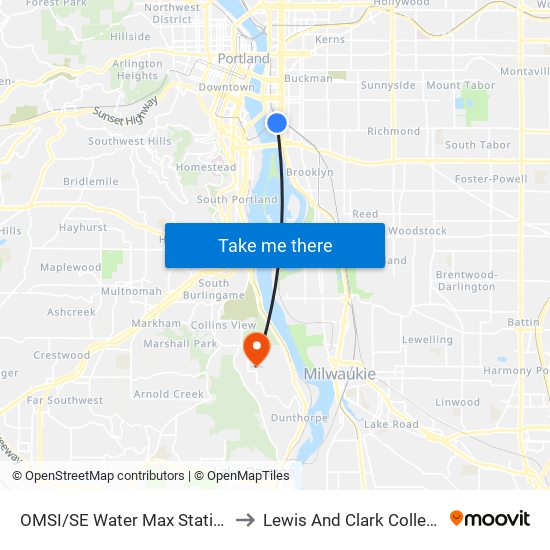 OMSI/SE Water Max Station to Lewis And Clark College map