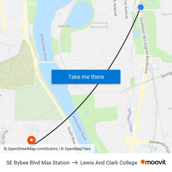 SE Bybee Blvd Max Station to Lewis And Clark College map