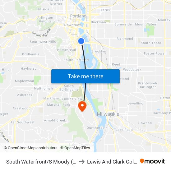 South Waterfront/S Moody (East) to Lewis And Clark College map