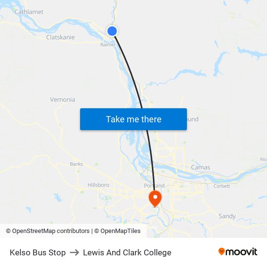 Kelso Bus Stop to Lewis And Clark College map