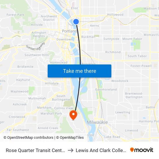 Rose Quarter Transit Center to Lewis And Clark College map