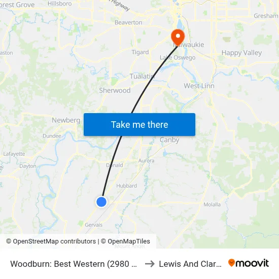 Woodburn: Best Western (2980 Tom Tennant Dr) to Lewis And Clark College map