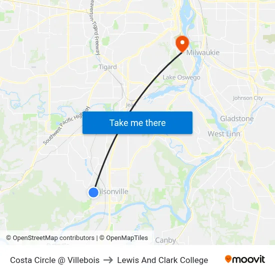 Costa Circle @ Villebois to Lewis And Clark College map