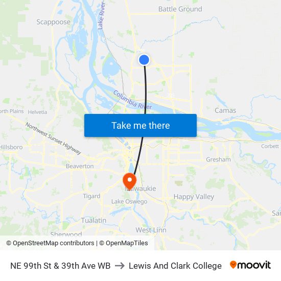 NE 99th St & 39th Ave WB to Lewis And Clark College map