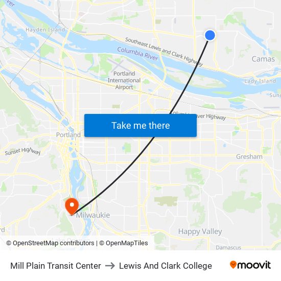 Mill Plain Transit Center to Lewis And Clark College map