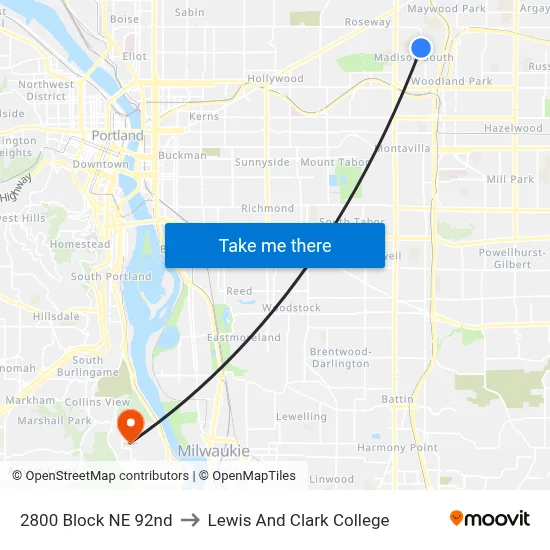 2800 Block NE 92nd to Lewis And Clark College map