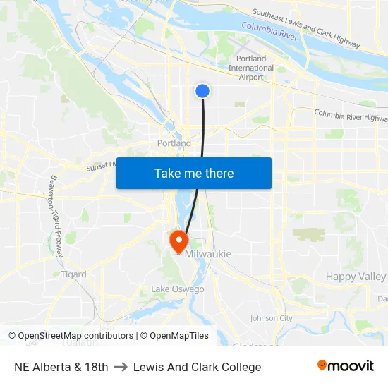 NE Alberta & 18th to Lewis And Clark College map