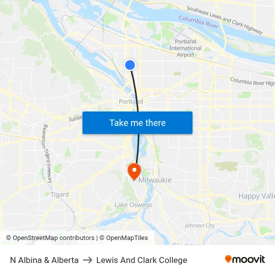 N Albina & Alberta to Lewis And Clark College map