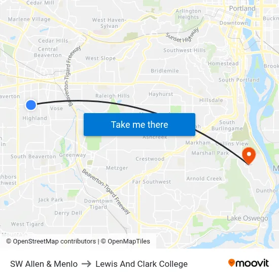 SW Allen & Menlo to Lewis And Clark College map