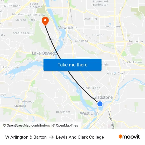 W Arlington & Barton to Lewis And Clark College map