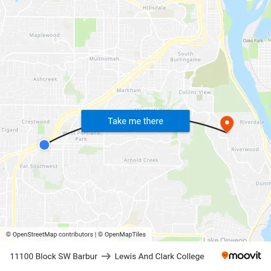 11100 Block SW Barbur to Lewis And Clark College map