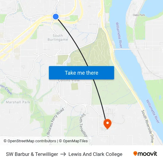 SW Barbur & Terwilliger to Lewis And Clark College map