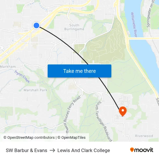 SW Barbur & Evans to Lewis And Clark College map