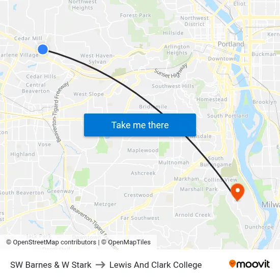 SW Barnes & W Stark to Lewis And Clark College map