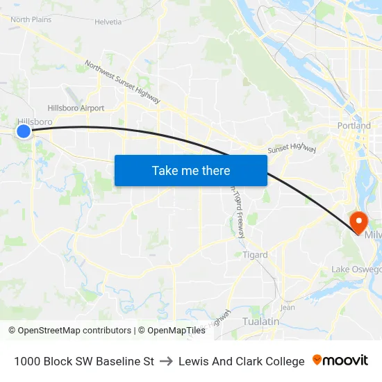 1000 Block SW Baseline St to Lewis And Clark College map