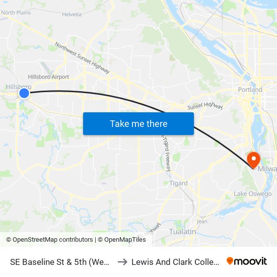 SE Baseline St & 5th (West) to Lewis And Clark College map