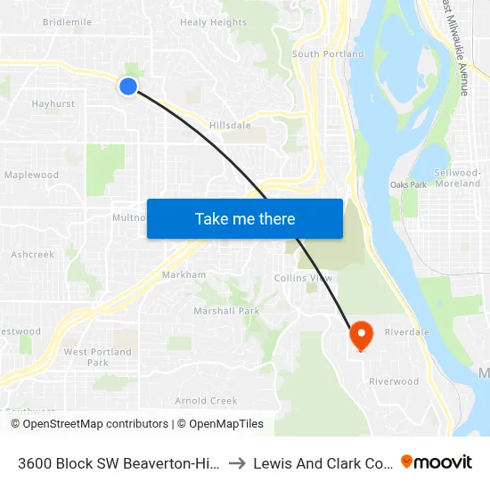 3600 Block SW Beaverton-Hillsdale to Lewis And Clark College map