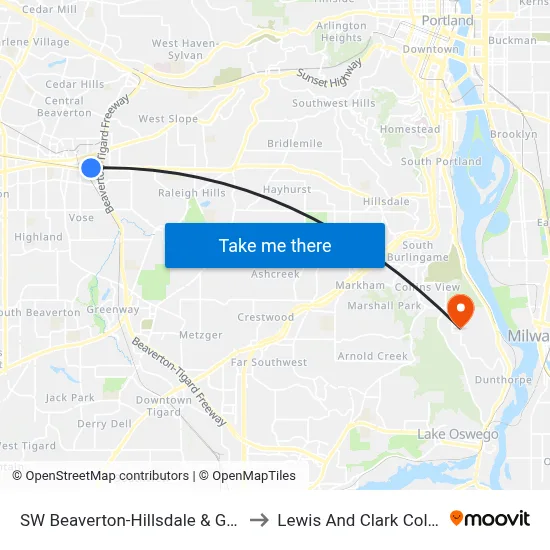SW Beaverton-Hillsdale & Griffith to Lewis And Clark College map
