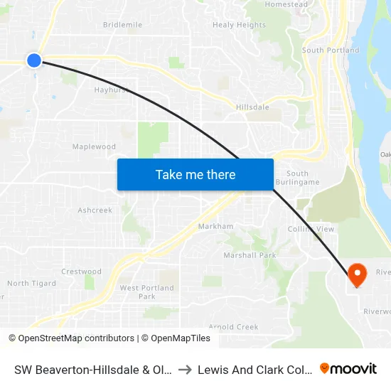 SW Beaverton-Hillsdale & Oleson to Lewis And Clark College map