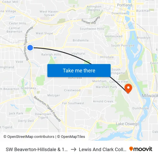 SW Beaverton-Hillsdale & 107th to Lewis And Clark College map