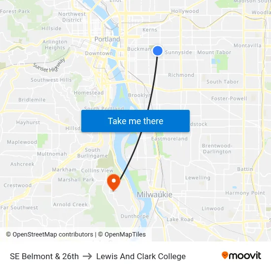 SE Belmont & 26th to Lewis And Clark College map