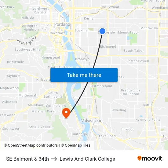 SE Belmont & 34th to Lewis And Clark College map