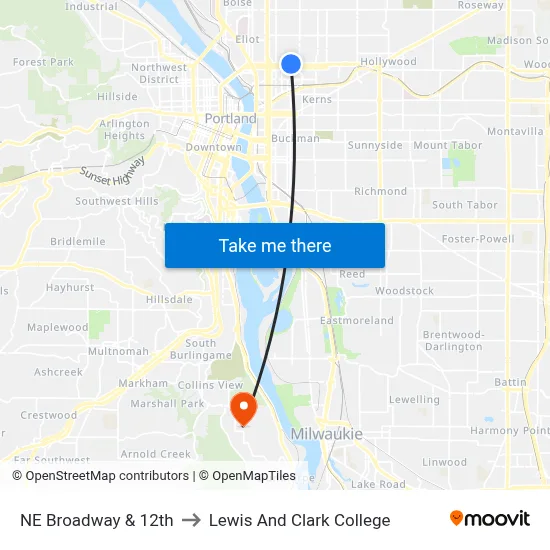 NE Broadway & 12th to Lewis And Clark College map