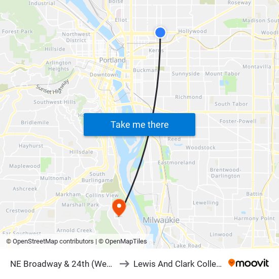 NE Broadway & 24th (West) to Lewis And Clark College map