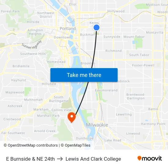 E Burnside & NE 24th to Lewis And Clark College map
