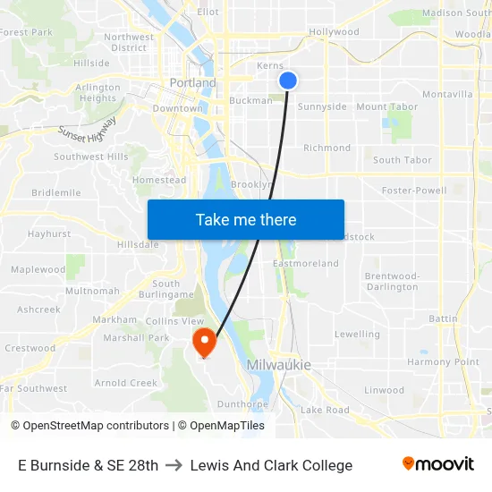 E Burnside & SE 28th to Lewis And Clark College map