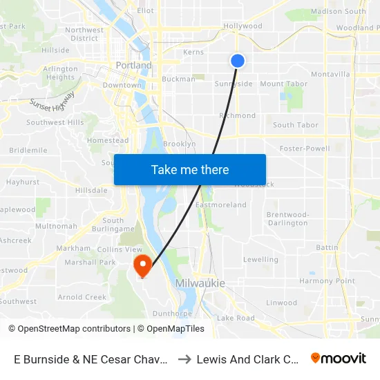 E Burnside & NE Cesar Chavez Blvd to Lewis And Clark College map