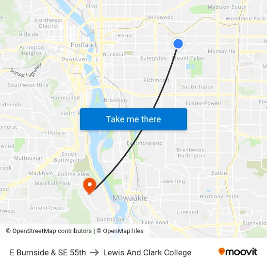E Burnside & SE 55th to Lewis And Clark College map