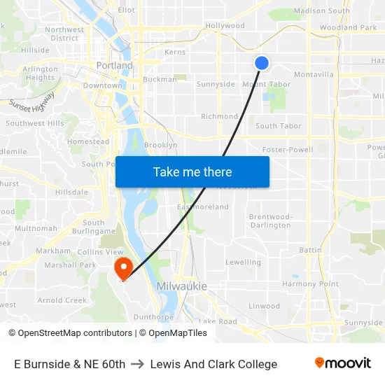 E Burnside & NE 60th to Lewis And Clark College map