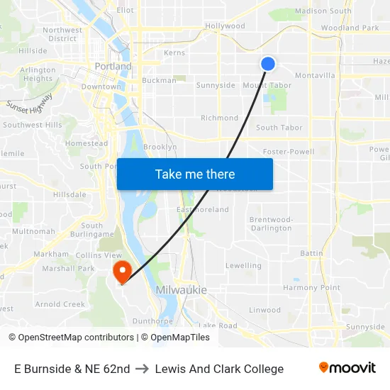 E Burnside & NE 62nd to Lewis And Clark College map