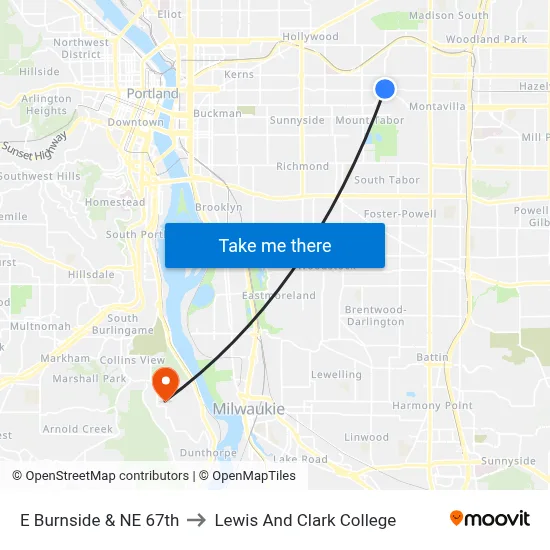 E Burnside & NE 67th to Lewis And Clark College map