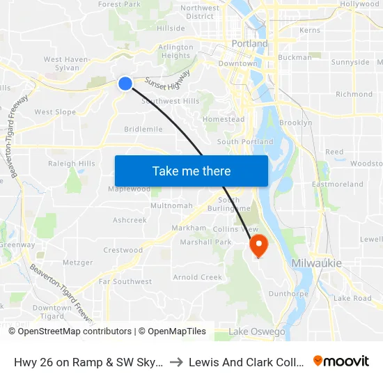 Hwy 26 on Ramp & SW Skyline to Lewis And Clark College map