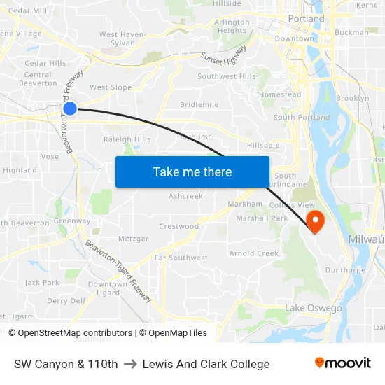 SW Canyon & 110th to Lewis And Clark College map