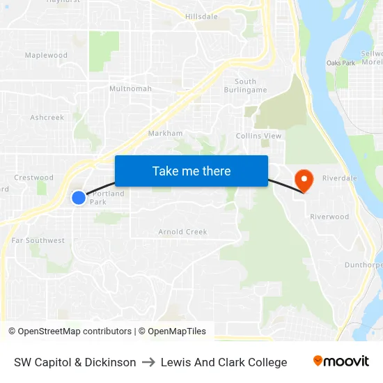 SW Capitol & Dickinson to Lewis And Clark College map