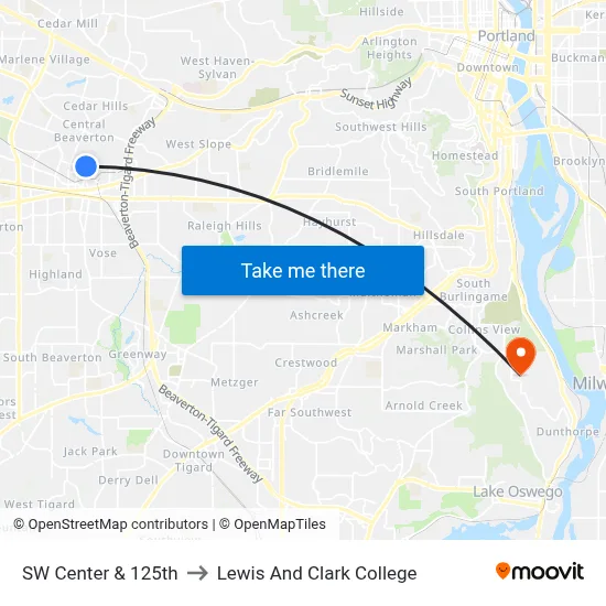 SW Center & 125th to Lewis And Clark College map