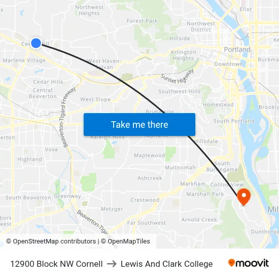 12900 Block NW Cornell to Lewis And Clark College map