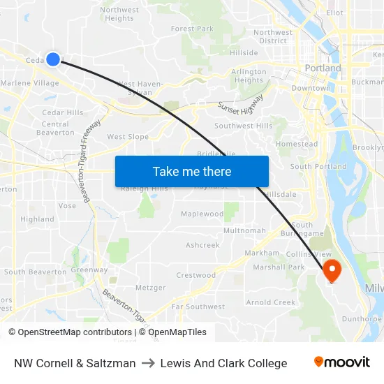 NW Cornell & Saltzman to Lewis And Clark College map
