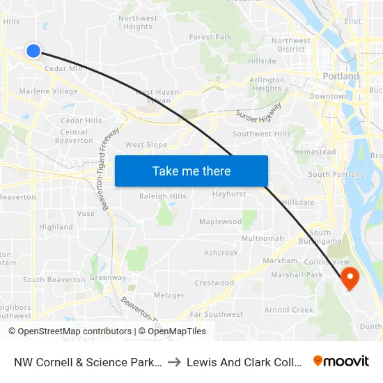 NW Cornell & Science Park Dr to Lewis And Clark College map