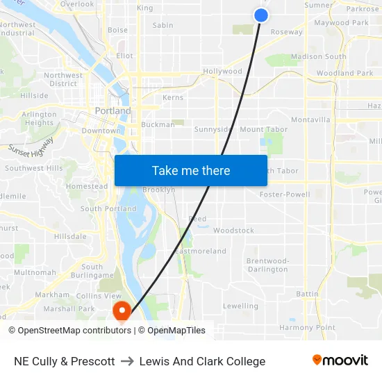 NE Cully & Prescott to Lewis And Clark College map