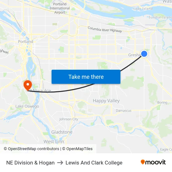 NE Division & Hogan to Lewis And Clark College map