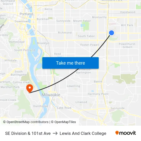 SE Division & 101st Ave to Lewis And Clark College map