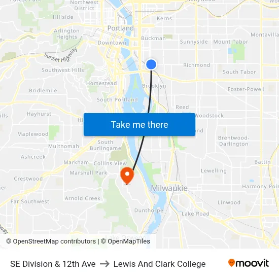 SE Division & 12th Ave to Lewis And Clark College map